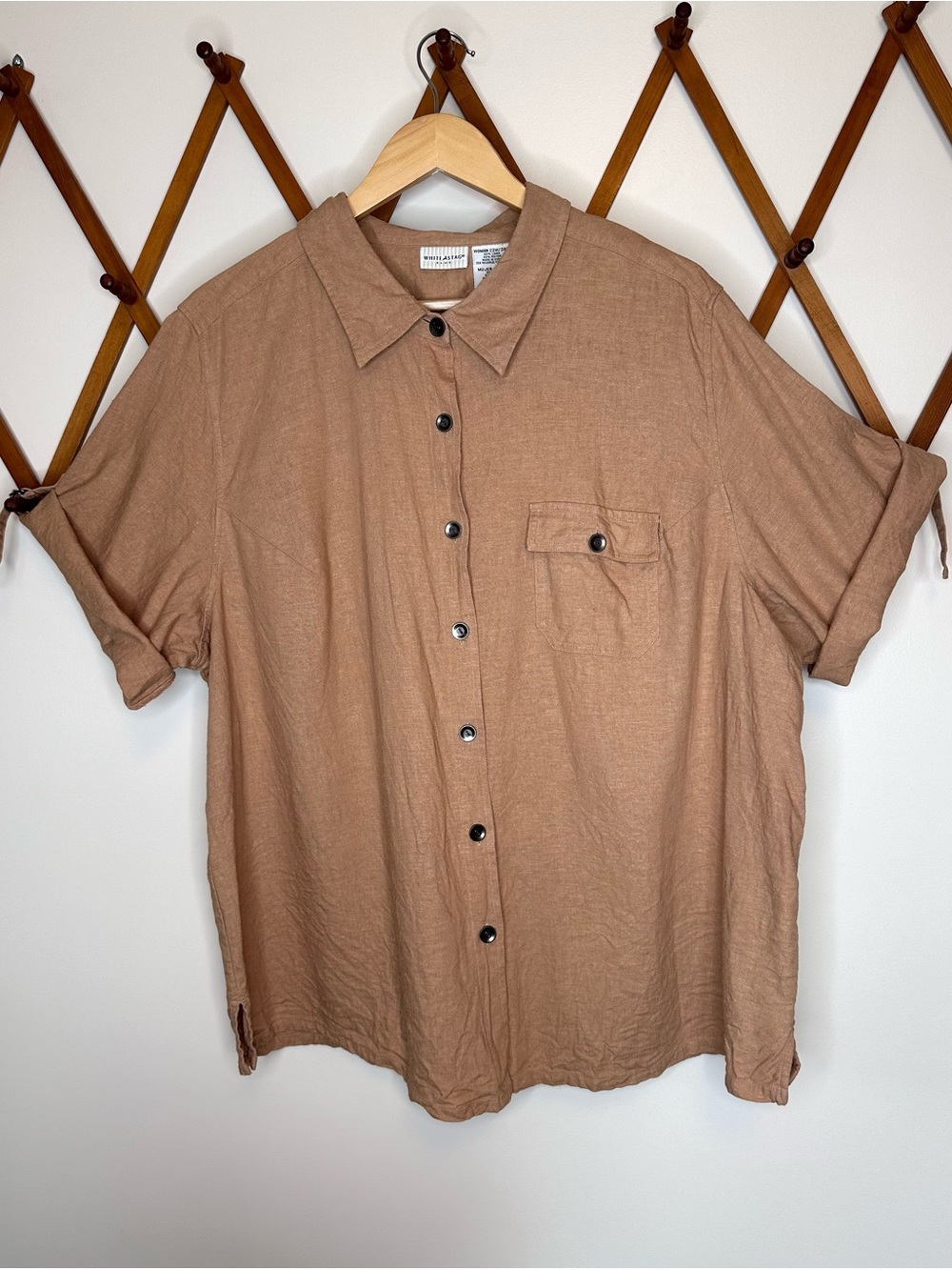 Tan Camp Top Linen-Blend Button-up Chore Shirt, White Stag - Plus Size 22 / 24